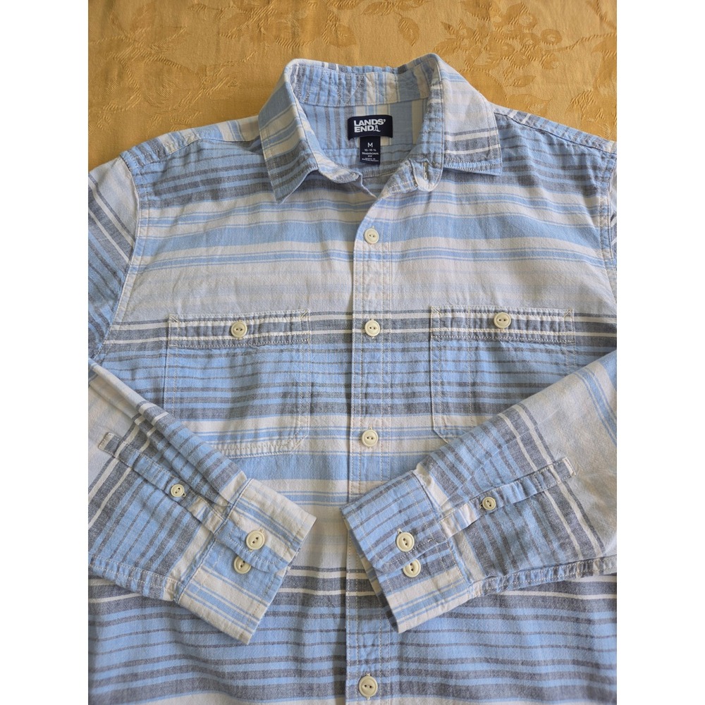 Lands End Mens Blue White Striped Cotton Button Down Shirt Traditional Fit M